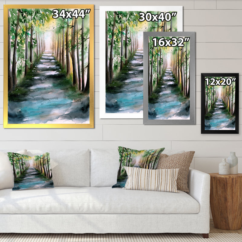 Une allée de forêt ensoleillée avec des ombres d'arbre - peinture sur toile, H 20 po x l 12 po
