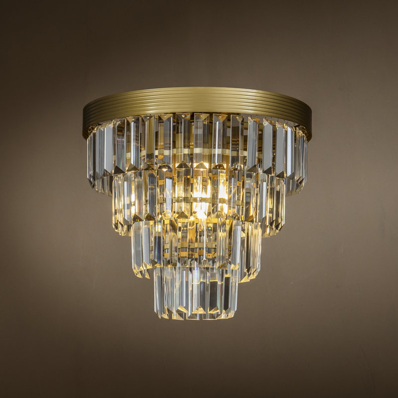 3-Light 13" Glam Tiered Flush Mount With Crystal Accents for Bedroom, Brass