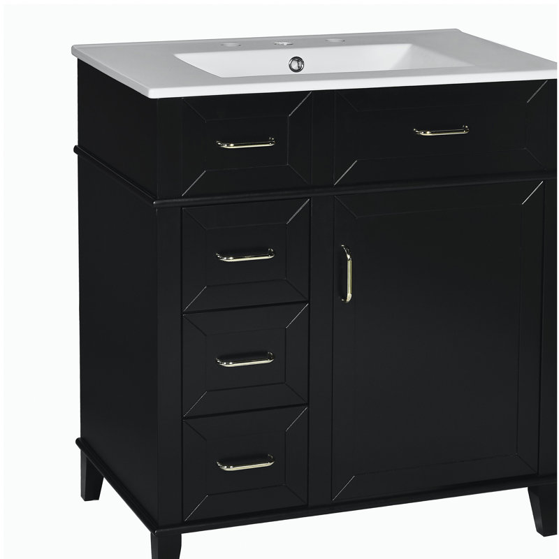 Lavabo de salle de bain de 30 pouces avec auge en céramique, tablette réglable, porte à fermeture en douceur et trois tiroirs à fermeture en douceur