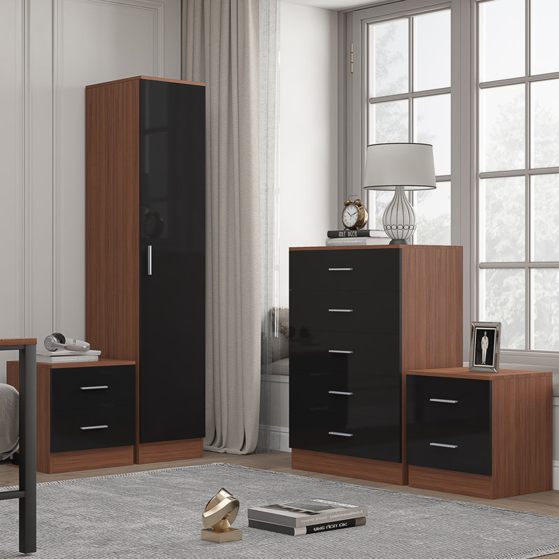 Eva Piece Bedroom Set, Black Gloss / Walnut