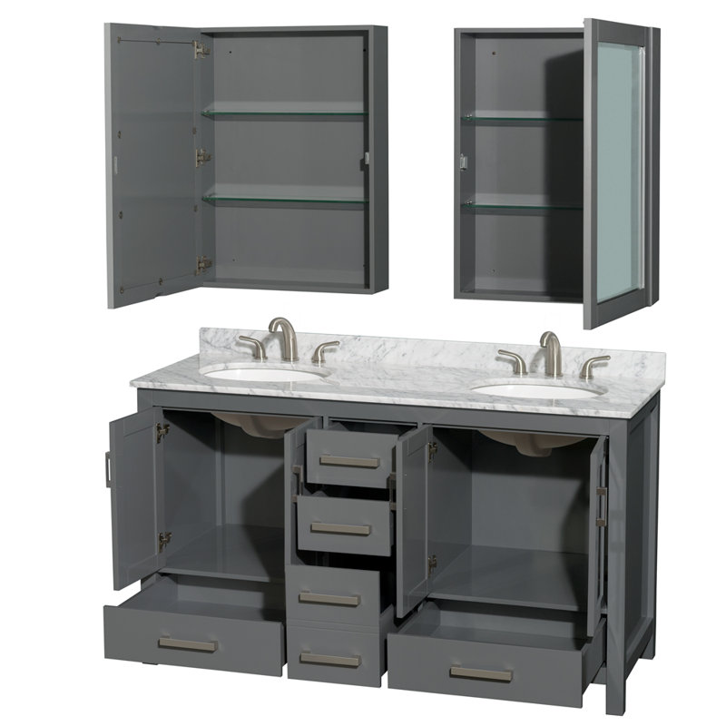 Sheffield 60" Freestanding Double Bathroom Vanity with Marble Top with Medicine Cabinets, White Carrara Marble, Dark Gray