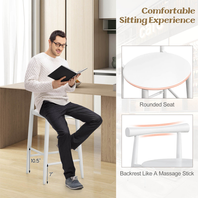 George Oliver Bar Chair Counter Height Stools Set Of 2 With Acacia Wood Frame Supporting Legs White, White