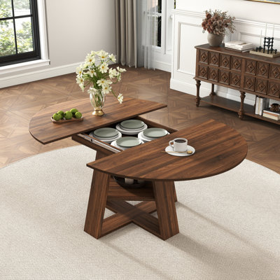 43'' Wide Round Extendable Dining Table with Hidden Storage Compartment, Modern Mid-century Farmhouse Table for Dining Room