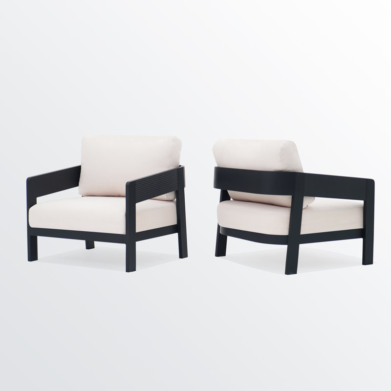 31.1'' Powder Coated Aluminum Outdoor Patio Club Chairs Set Of 2 With 5.2'' Seat Cushions, Cream Cushion/Black Frame