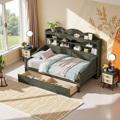 Retro Twin Daybed with Storage Drawers & Shelving - Antique Grey, Space-Saving Bed for Bedroom, Living Room, or Guest Room