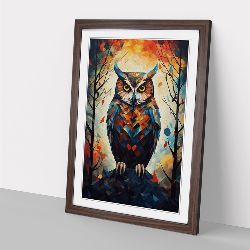 Owl Geometric No.2 - Single Picture Frame Print on Wood, 46cm H x 34cm W x 2cm D, Walnut Framed