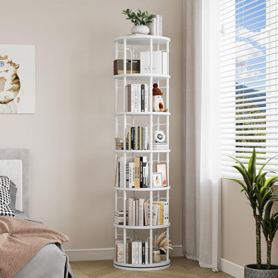 Bibliothèque pivotante blanche à 6 niveaux sur 360 degrés - grande tour de bibliothèque sur pied pivotante pour coin, chambre à coucher, salon ou petits espaces