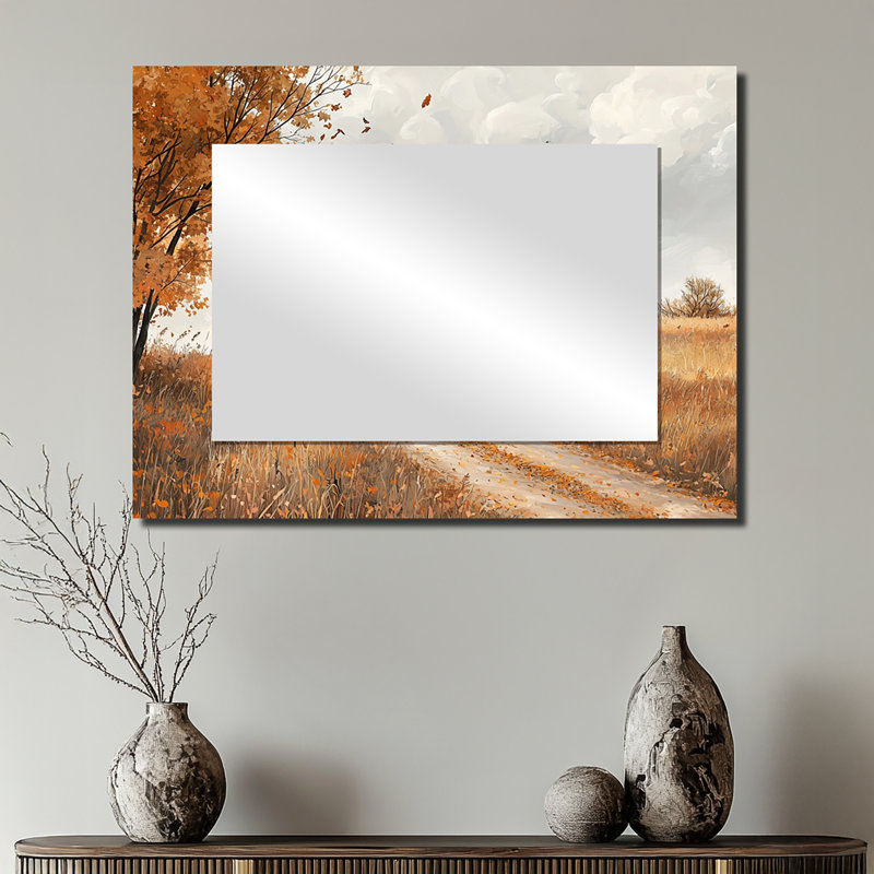 Windy Prairie Leaves Path To The Farm I - Art mural miroir floral - imprimé sur métal, 24 po x 32 po