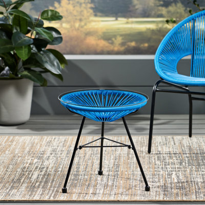 Table d'appoint en verre trempé bleu sur cadre tissé, 17,3 po x 18,06 po, qualité faite à la main avec plateau robuste, 17,3 po x 17,3 po x 18,06 po, décoration extérieure polyvalente