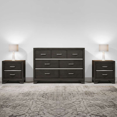 Modern Charcoal Gray Bedroom Storage Set with Dresser and 2 Nightstands