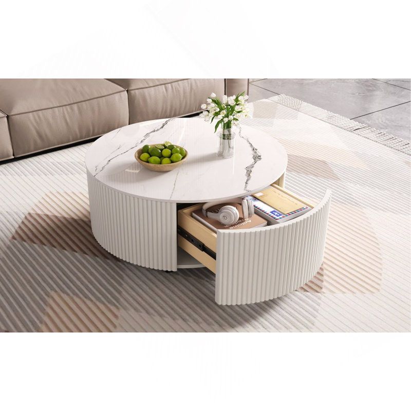 Table basse ronde moderne mobile avec roulettes, 2 tiroirs, plateau en marbre fritté à motif marbré