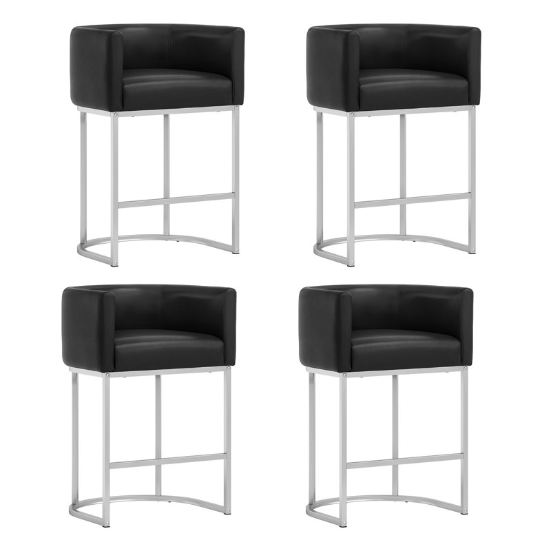 Modern Upholstered Counter Stool with Metal Frame, Black Faux Leather/Light Gray