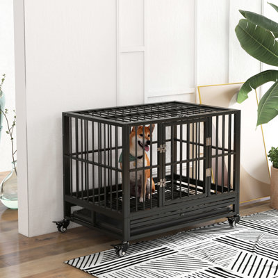 Chenil en métal 36 po avec roulettes verrouillables, porte double et plateau sanitaire - Gris robuste et plateau amovible, idéal pour les chiens de moins de 25,5 po de longueur jusqu'à 44 lb