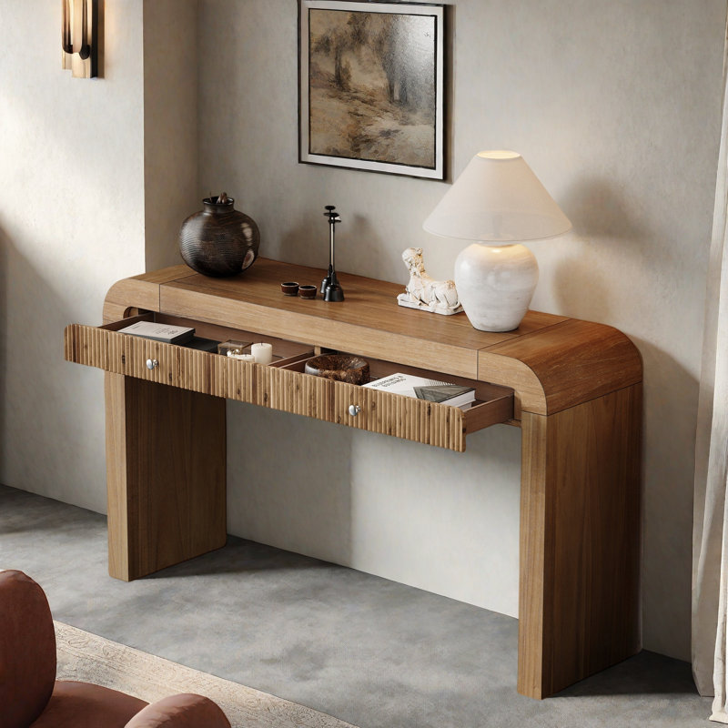 Console rustique avec devant cannelé, 2 tiroirs, coins arrondis et pieds épais, Naturel