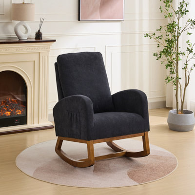 Chaise berçante de 27,2 po de largeur pour chambre de bébé, fauteuil coulissant en polyester avec dossier haut et poche latérale, fauteuil berçant d'appoint avec pieds en bois d'hévéa pour le salon / la chambre à coucher
