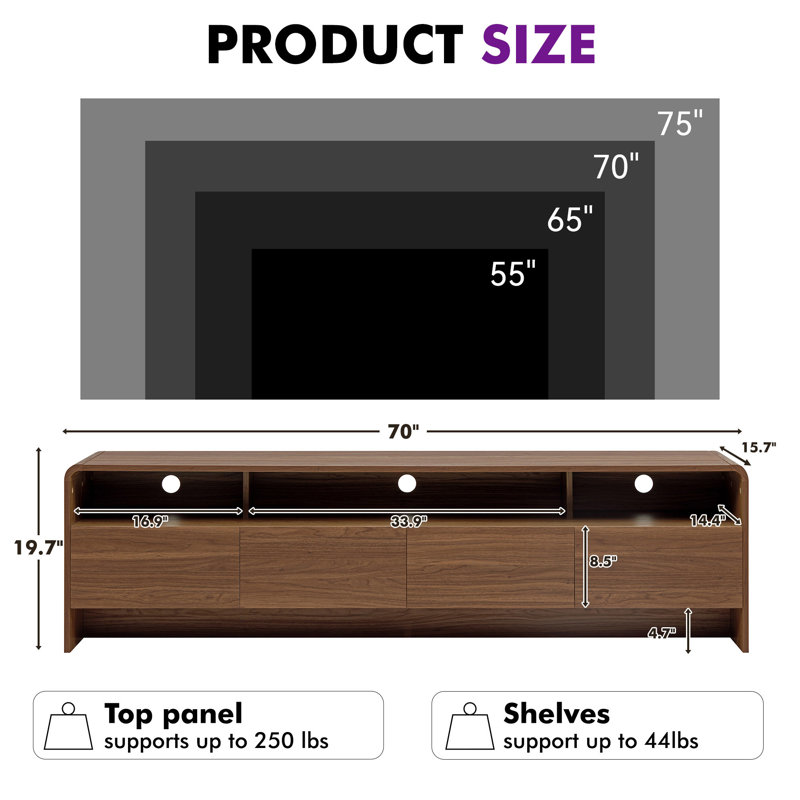Dulane 70'' Modern TV Stand with Open Shelf&Large Storage Space for TVs up to 75'',Walnut, Walnut