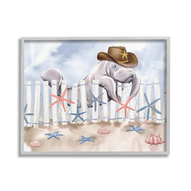 Manatee in Cowboy Hat Framed Giclee Art by Ziwei Li, 24" H x 30" W, White