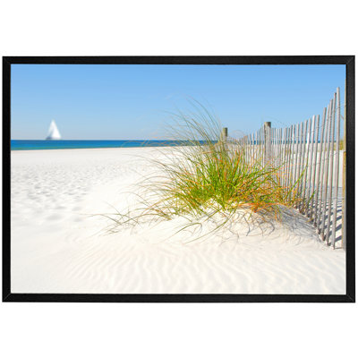 Daniell Beautiful Sand Dune Fence By Sea Grass With Sailboat On Horizon - Single Picture Frame Print