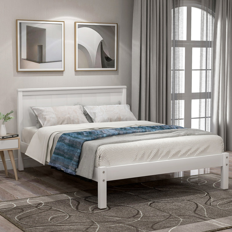 Twin Platform Bed With Headboard, Steady Wood Slat Support, No Box Spring, White Shade Spring Required Robust Slat, Hue
