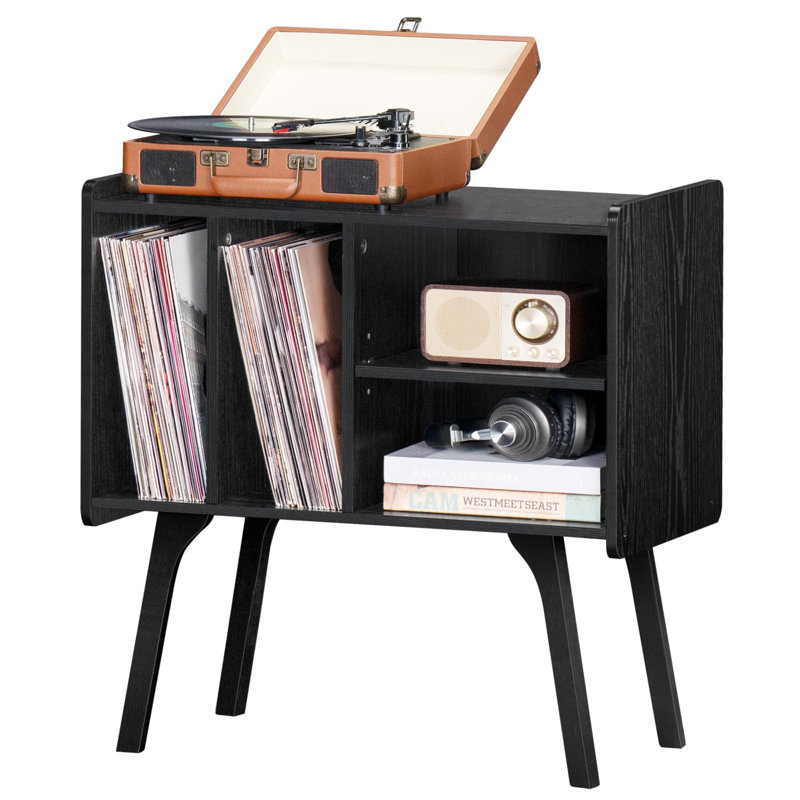 Support pour platine vinyle de style moderne du milieu du siècle avec rangement pour disques., Noir