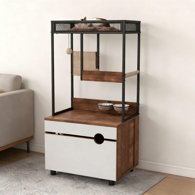 Enceintes de litière pour chat avec tour d'arbre à chat, mobilier et rangement pour animaux de compagnie multifonctionnels, idéales pour les maisons modernes et l'intimité.