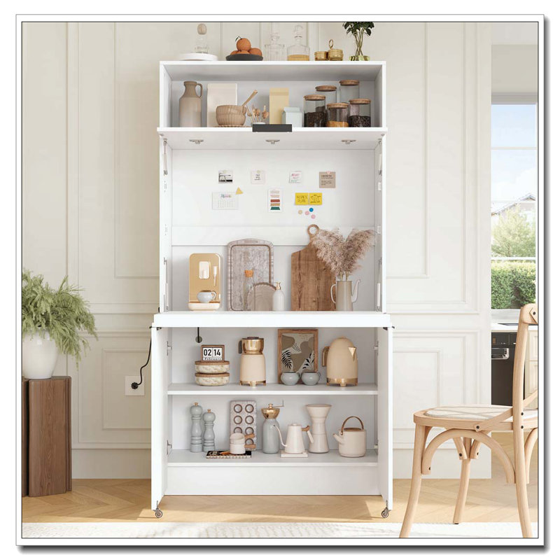 Compact Kitchen Pantry Buffet with Foldable Workstation, White