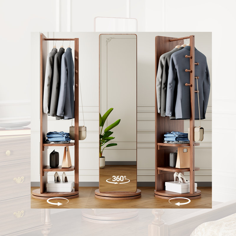 69 Inch Tall Swivel Full Length Mirror with Storage Shelves and Coat Rack Walnut Solid Wood Frame, Brown