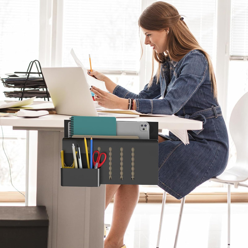 Desk Side Storage, Single-Layer Steel Hanging Desk Organizer with Magnetic Pen Holder