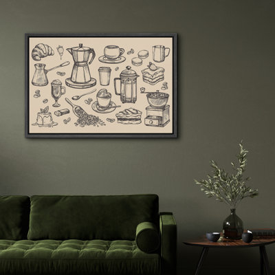 Retro Coffee & Pastry Sketches Canvas Print Wall Art - Rustic Cafe Decor for Kitchen or Breakfast Nook