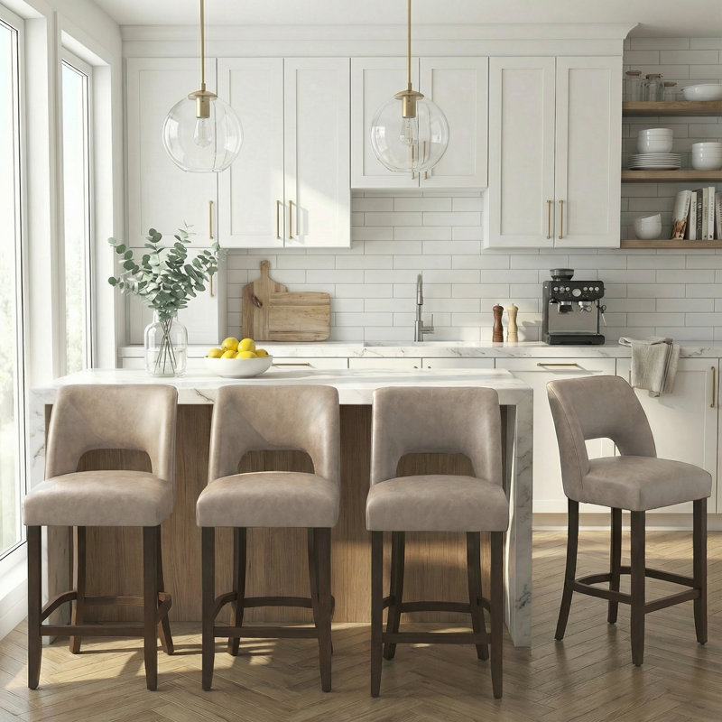  Bisto Faux Leather Upholstered Counter Height Bar Stool With Solid Wood Legs Set of 4, Taupe, 4