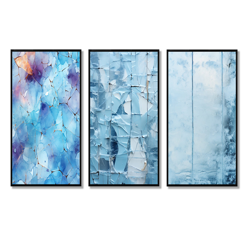 «White Blue Frosty Collage I», ensemble de 3 impressions sur toile, H 28 po x l 36 po, Cadre flottant noir