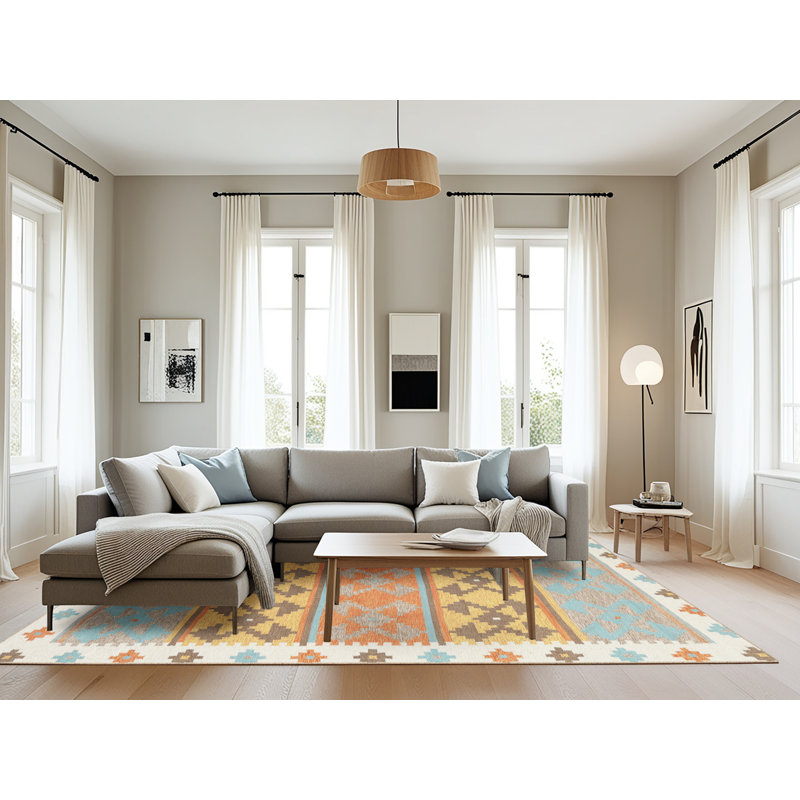 Tapis contemporain gris / jaune / rouge, Rectangle 8 pi x 12 pi