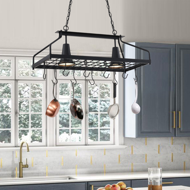 Luminaire suspendu pour îlot de cuisine 2 lumières noir avec abat-jour conique et crochets, Noir mat