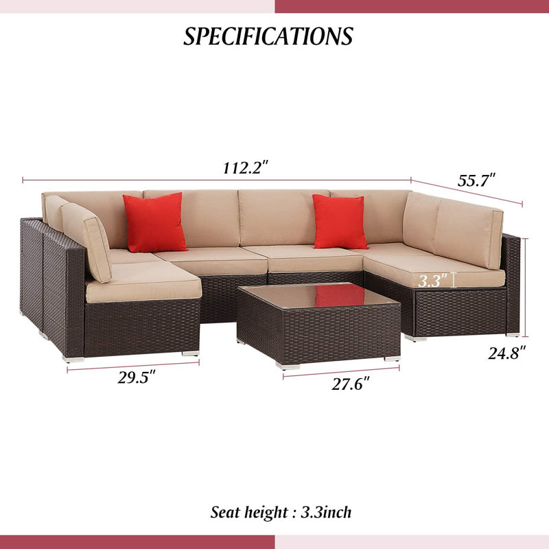 6-Person Brown Wicker Outdoor Sectional Sofa with Glass Table