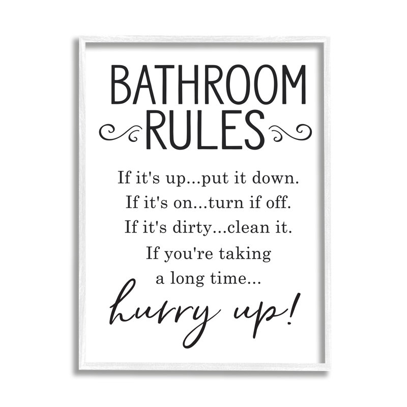 «Minimal Bathroom Rules Sign Hurry up Humor», art textuel, H 20 po x l 16 po x P 1,5 po, Giclée encadrée blanc bord de mer