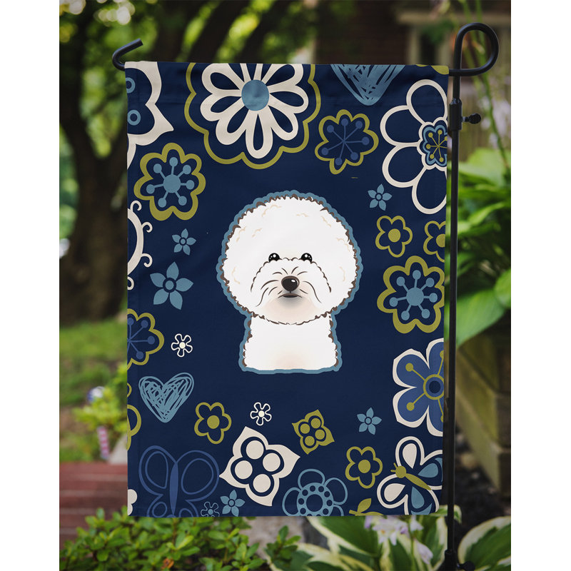 Terrier en fleurs à 2 côtés en polyester 15 x 11,5 po drapeau de jardin, Frisé bichon (bleu)