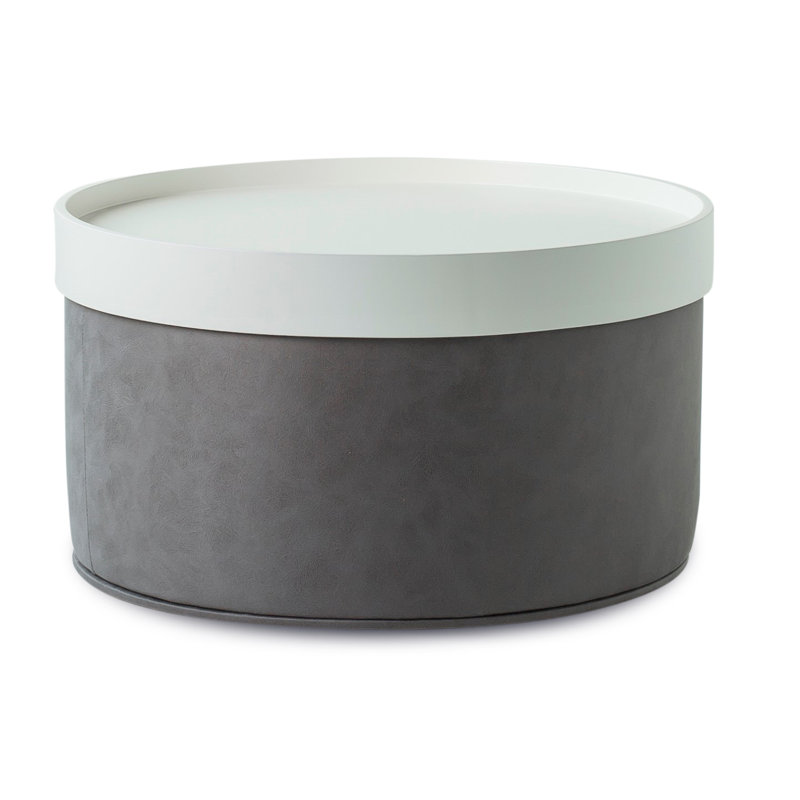 Celine 24" Wide Pouf A with Tray, Gray Fabric , White Lacquer