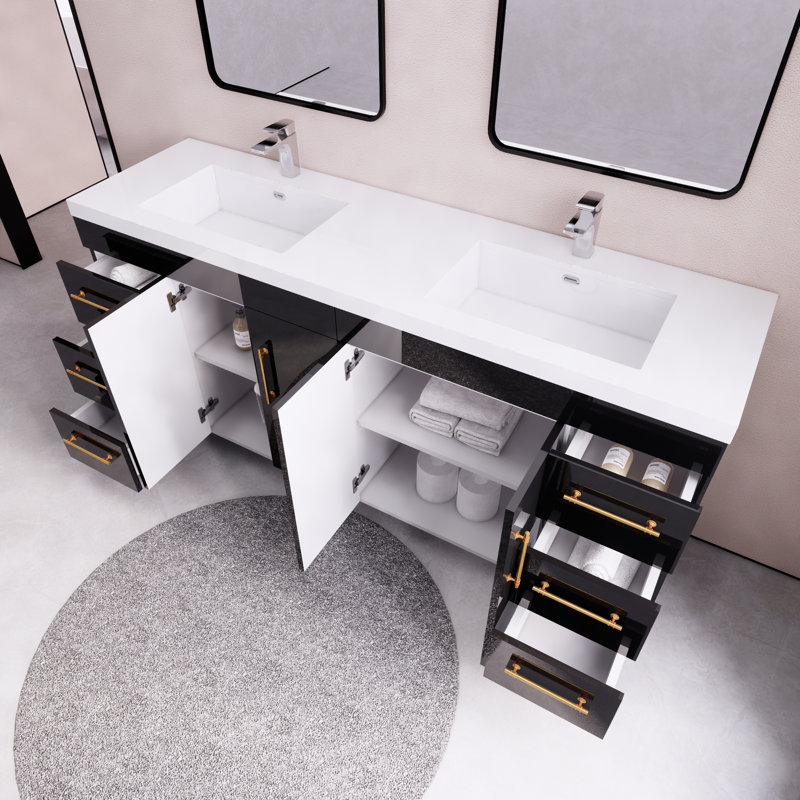 Verda 70.86'' Double Bathroom Vanity with Acrylic Top, Glossy Black