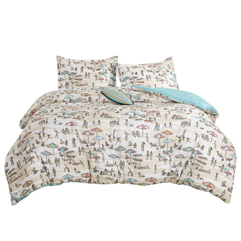 Ensemble de literie brodée beige et bleu, Édredon grand + 2 taies décoratives grand + 1 co