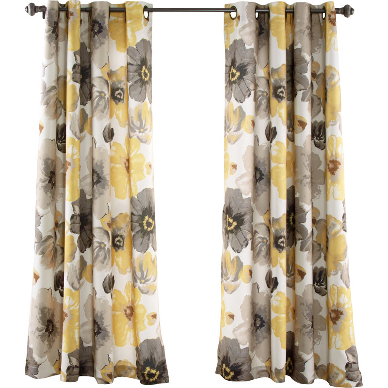 Leah Room Darkening Curtain Pair, Yellow/Gray, 52"W x 95"L