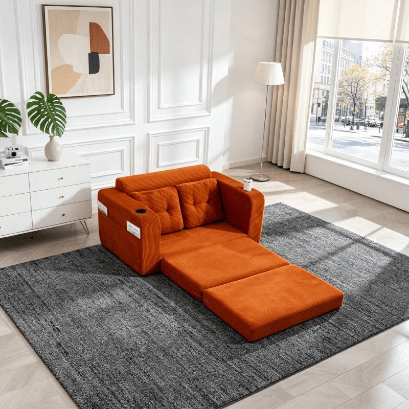Double Fold-Out Sofa Bed – Compression-Molded Foam, Includes Pillows, CSN-W395P438028Orange
