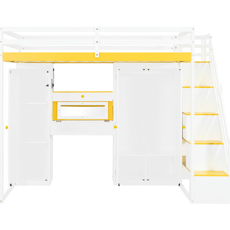 Lit mezzanine double avec escalier de rangement et charge, blanc et jaune. Tablettes latérales ouvertes, garde-robe sous la garde-robe, coiffeuse, ports de charge, éclairage à DEL