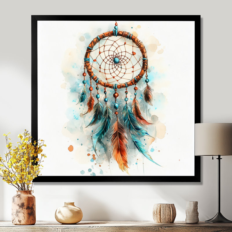 Attrape-rêves bleu-orange - Tableau encadré de style bohème avec plumes - Décoration murale, H 36 po x l 36 po