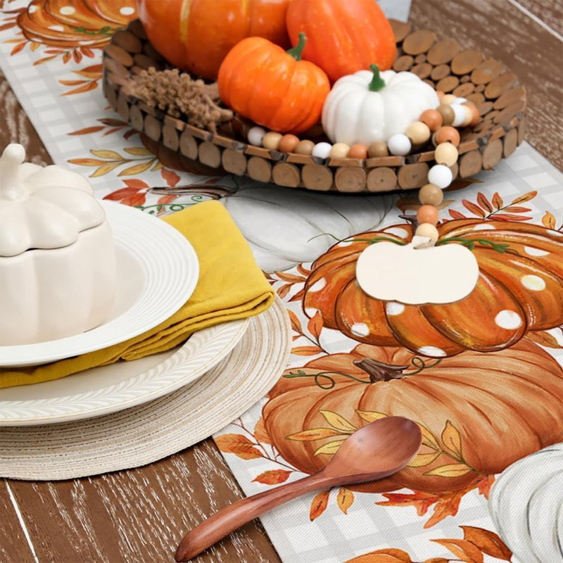 Fall Table Runner, Pumpkins Leaves Farmhouse Table Decoration For Kitchen Dinning, Indoor Outdoor Dinner Party (Orange Pumpkins) GT124-60