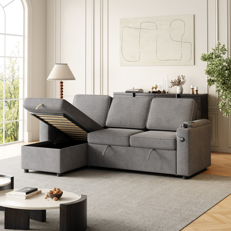 Canapé de 85,8 po avec lit escamotable et rangement Veloria, Tissu gris foncé
