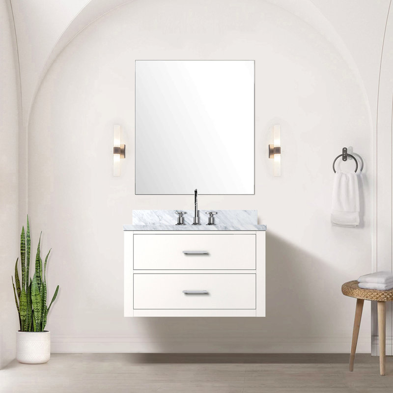 Single Bath Vanity 30 In. W X 22 In. D, Carrara Marble Top, And Faucet Set, Brushed Nickel, White