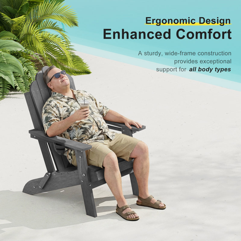 Classic Folding Adirondack Chair, HDPE Adirondack Chair with Ergonomic Design & Cup Holder for Patio and Fire Pit, Gray