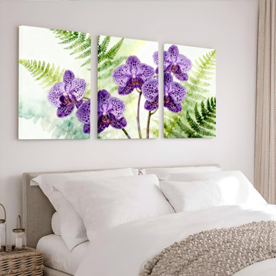 Orchidée mauve et fougère aquarelle sur toile, impression florale (ensemble de 3)