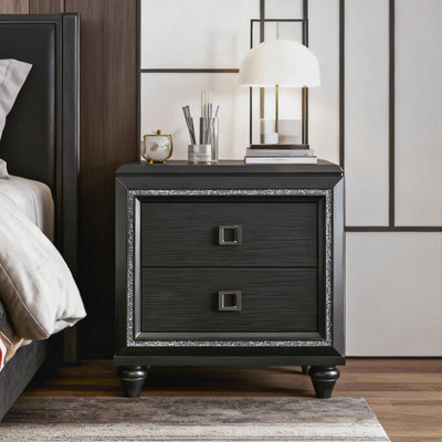 Glamorous Dark Grey Nightstand with Crystal Trim & Textured Drawer Fronts - 2-Drawer Bedroom End Table by Charlton Home