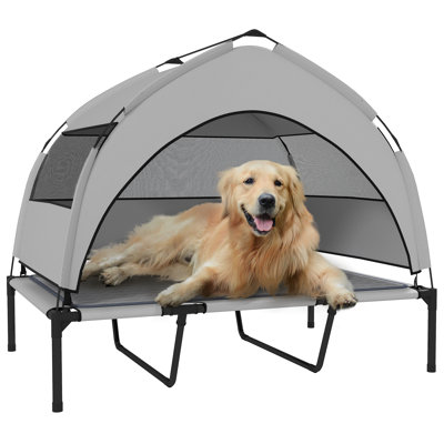 Lit surélevé pour chien avec coussin de refroidissement, lit pour chien surélevé d'extérieur avec auvent amovible, filet respirant, sac de rangement, lit de camp portable pour grands chiens d'intérieur et d'extérieur, gris clair